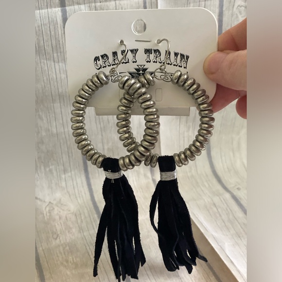 Crazy Train Jewelry - Crazy Train Womens Black Suede Tassel Hoop Circle Western Rodeo Earrings
